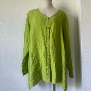 Flax Lime Green Long Sleeve Button Down Top Size Medium 100% Linen